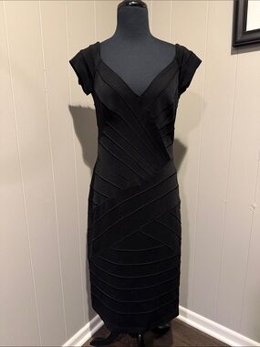 B44 Tadashi Collection Women’s Large Elegant Black V-Neck Bandage Midi Dress